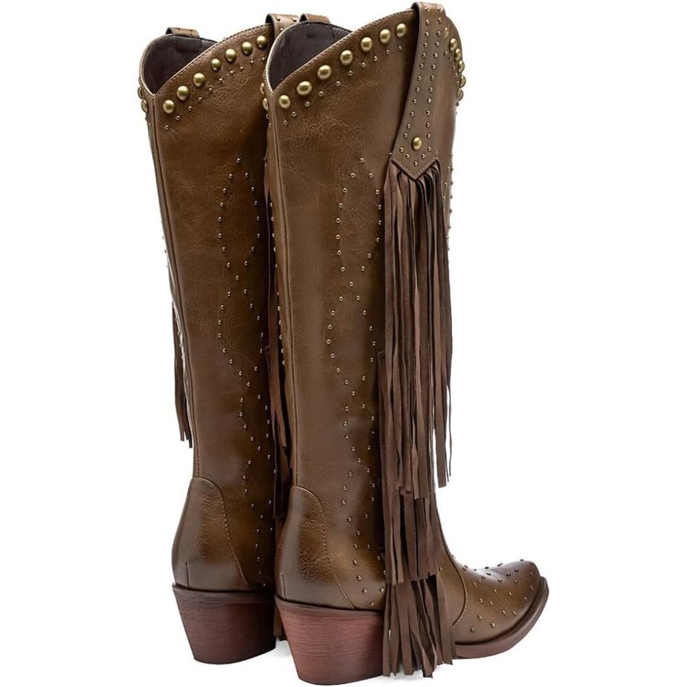 Women's Brown Fashion Pointed Toe Chunky Heel Rivet Pull-On Knee High Fringe - Picture 5 of 8